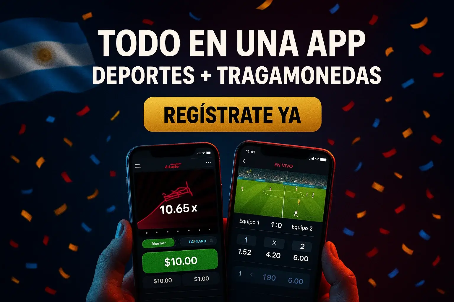 Banner publicitario con Aviator y apuesta de fútbol, colores argentinos y confeti