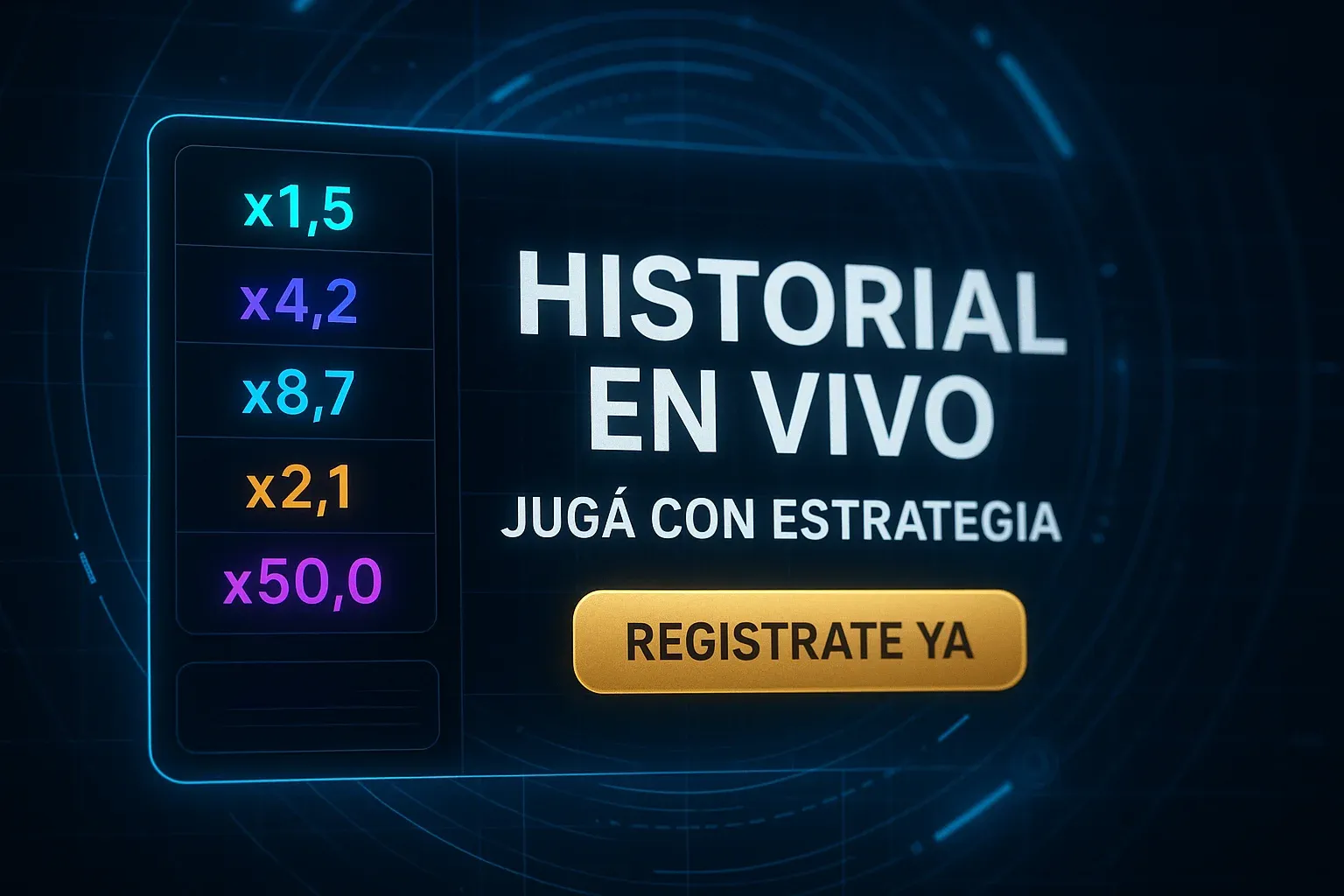 Banner de casino con historial en vivo y botón Registrate ya