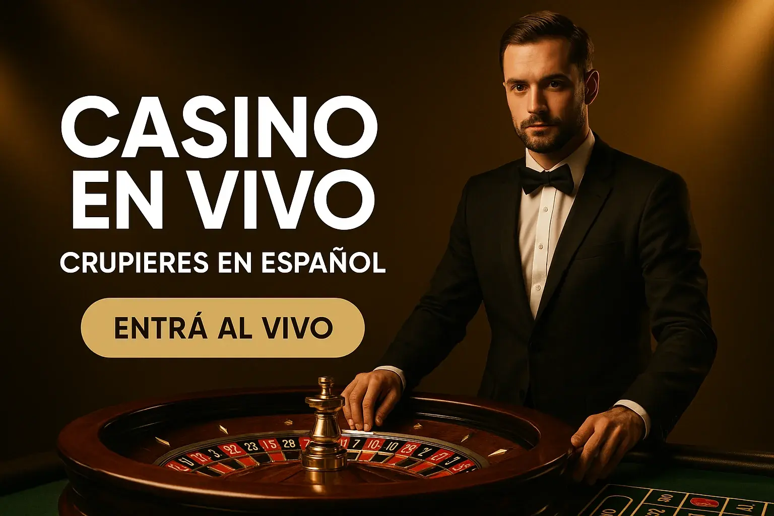 Banner casino en vivo con ruleta, crupier elegante y botón Entrá al Vivo
