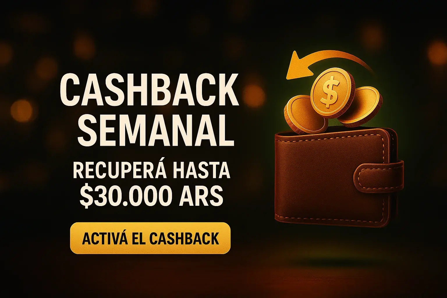 Banner casino con cashback semanal, monedas y botón Activá el cashback
