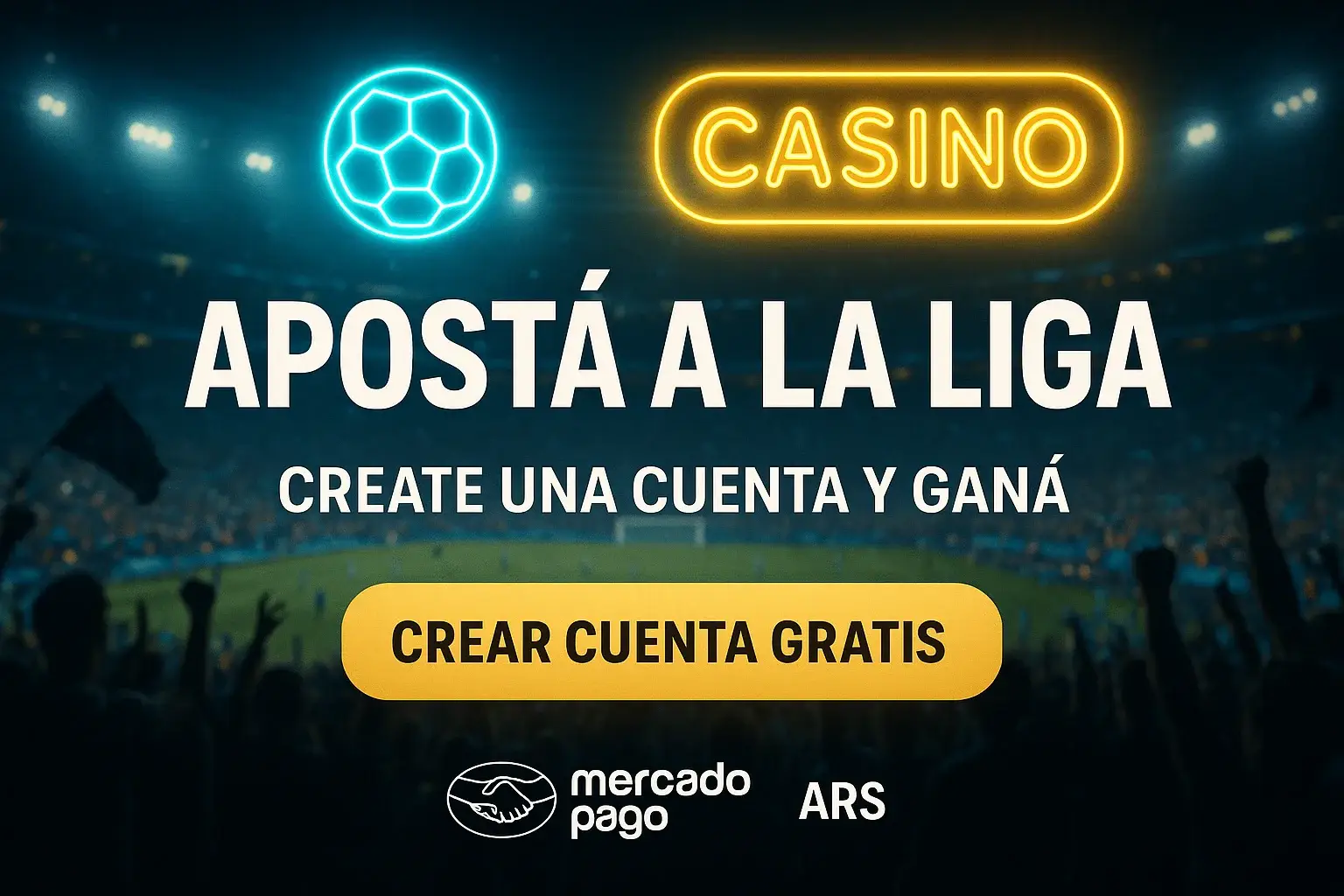 Banner de casino, estadio argentino oscuro, neón celeste y dorado, CTA crear cuenta gratis