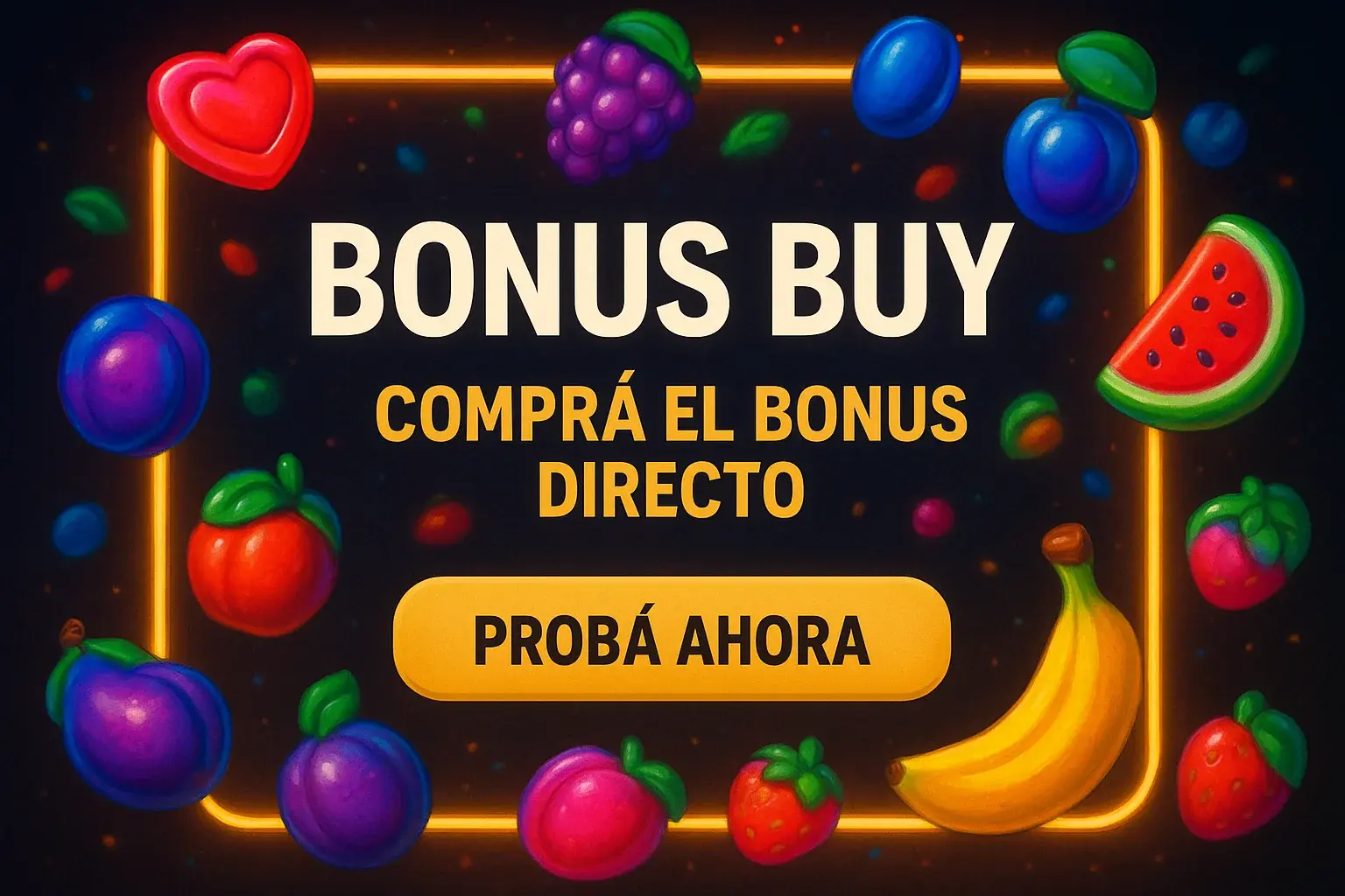 Banner de tragamonedas con frutas coloridas, marco neón dorado y botón Probá Ahora